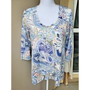 Chicos 1 Top Slub Paisley Tee Womens Medium Blue  Pink Pastels Southwestern Boho